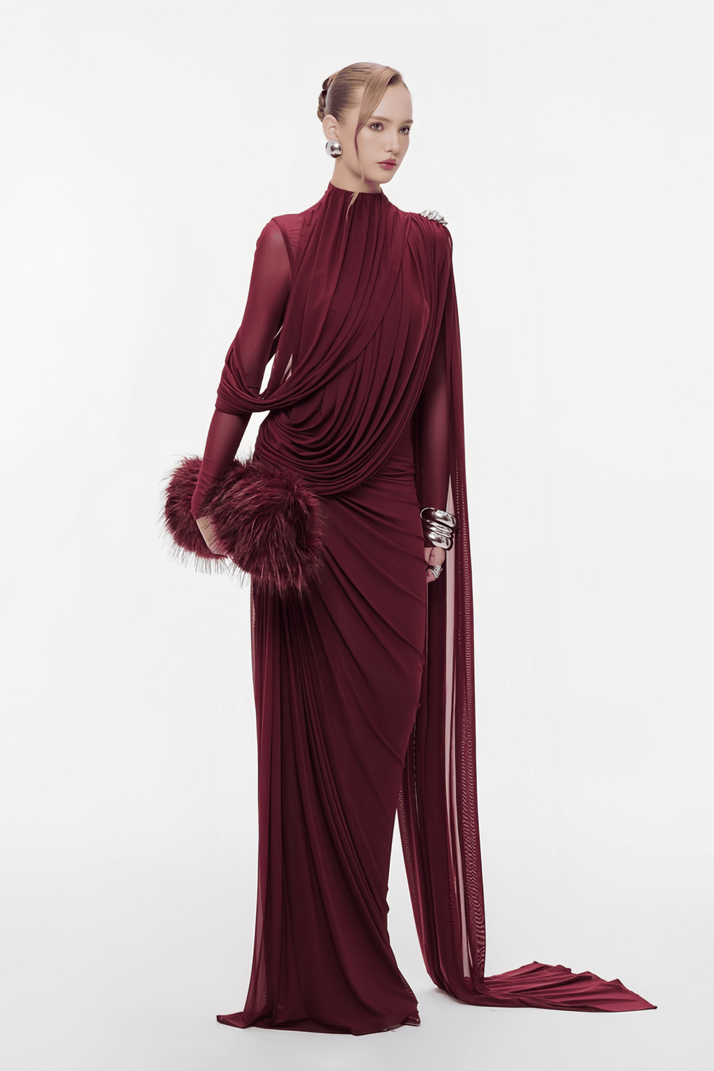 Sheer Sleeve Draped Cape Detail Ruched Waist Formal Evening Gown - MAYMOONLY