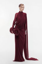 Sheer Sleeve Draped Cape Detail Ruched Waist Formal Evening Gown - MAYMOONLY