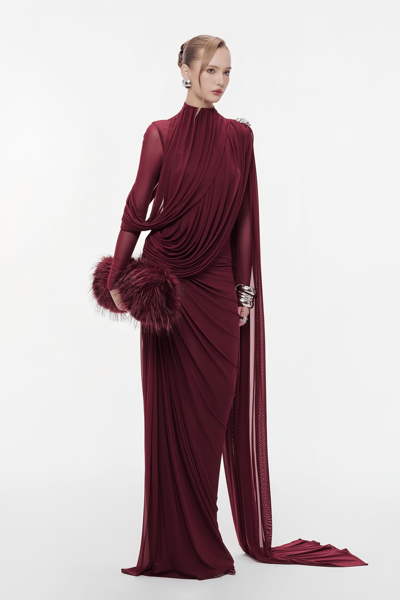 Sheer Sleeve Draped Cape Detail Ruched Waist Formal Evening Gown - MAYMOONLY