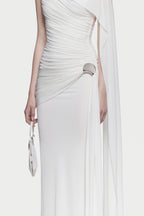 Sleeveless Asymmetric Single Cape Shoulder Diagonal Ruched Waist Metal Hardware Maxi Gown - MAYMOONLY