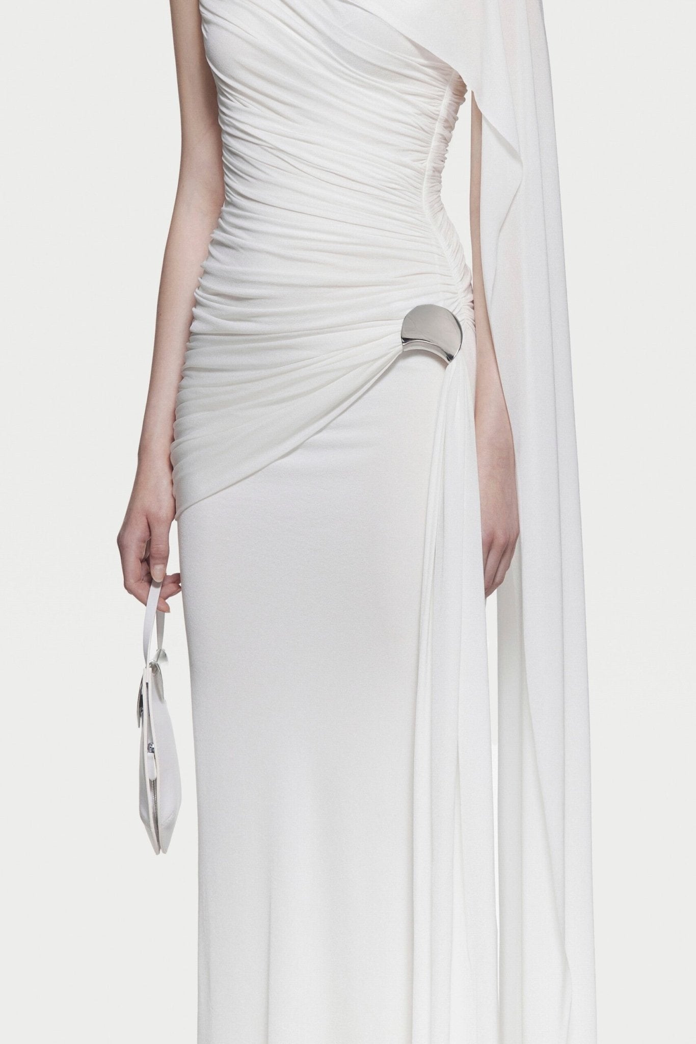Sleeveless Asymmetric Single Cape Shoulder Diagonal Ruched Waist Metal Hardware Maxi Gown - MAYMOONLY