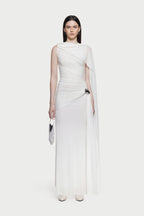Sleeveless Asymmetric Single Cape Shoulder Diagonal Ruched Waist Metal Hardware Maxi Gown - MAYMOONLY