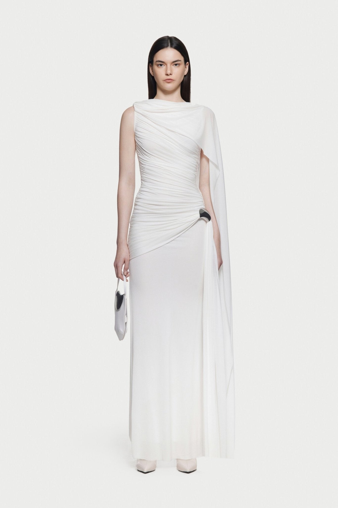 Sleeveless Asymmetric Single Cape Shoulder Diagonal Ruched Waist Metal Hardware Maxi Gown - MAYMOONLY