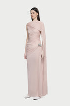 Sleeveless Asymmetric Single Cape Shoulder Diagonal Ruched Waist Metal Hardware Maxi Gown - MAYMOONLY