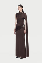 Sleeveless Asymmetric Single Cape Shoulder Diagonal Ruched Waist Metal Hardware Maxi Gown - MAYMOONLY