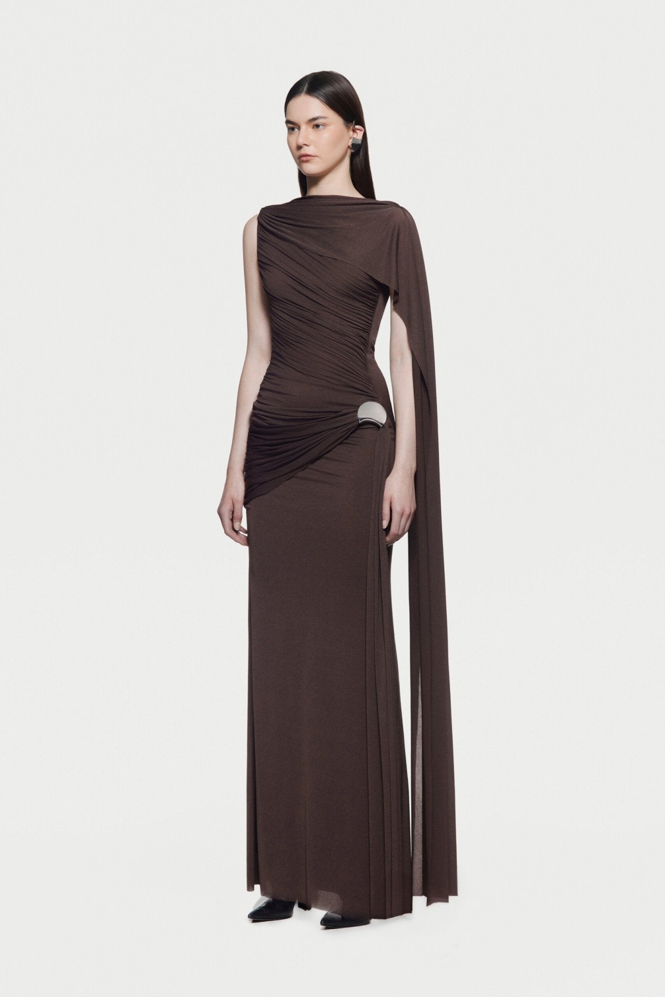 Sleeveless Asymmetric Single Cape Shoulder Diagonal Ruched Waist Metal Hardware Maxi Gown - MAYMOONLY