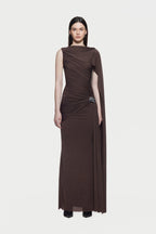 Sleeveless Asymmetric Single Cape Shoulder Diagonal Ruched Waist Metal Hardware Maxi Gown - MAYMOONLY