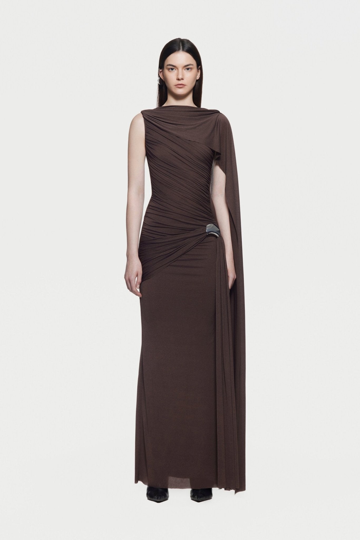Sleeveless Asymmetric Single Cape Shoulder Diagonal Ruched Waist Metal Hardware Maxi Gown - MAYMOONLY