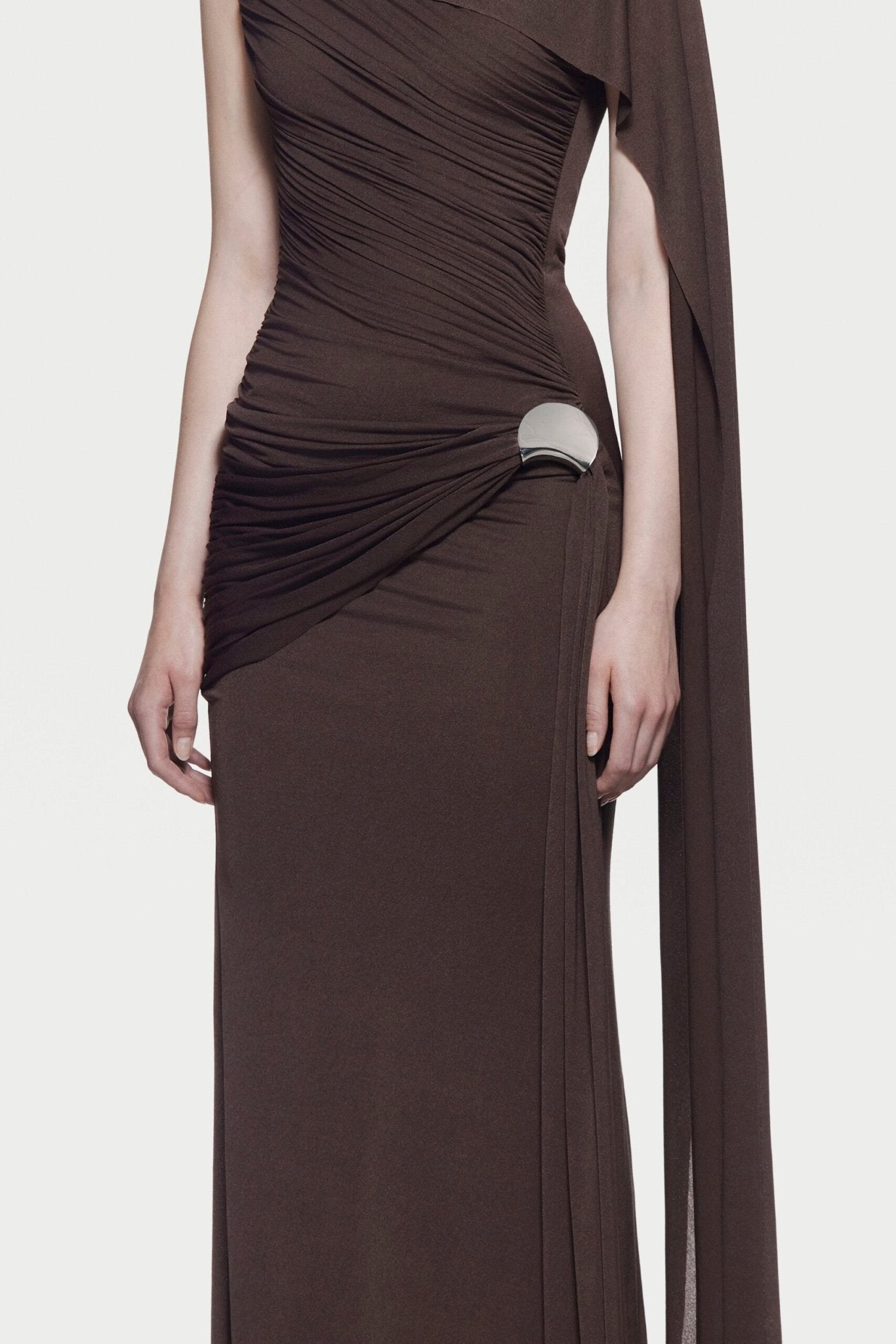 Sleeveless Asymmetric Single Cape Shoulder Diagonal Ruched Waist Metal Hardware Maxi Gown - MAYMOONLY