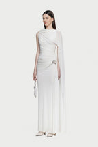 Sleeveless Asymmetric Single Cape Shoulder Diagonal Ruched Waist Metal Hardware Maxi Gown - MAYMOONLY