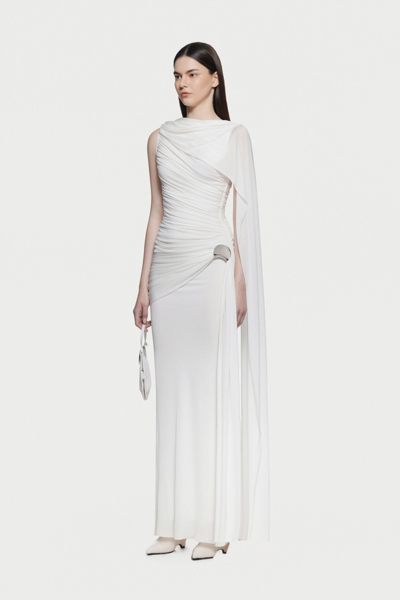 Sleeveless Asymmetric Single Cape Shoulder Diagonal Ruched Waist Metal Hardware Maxi Gown - MAYMOONLY