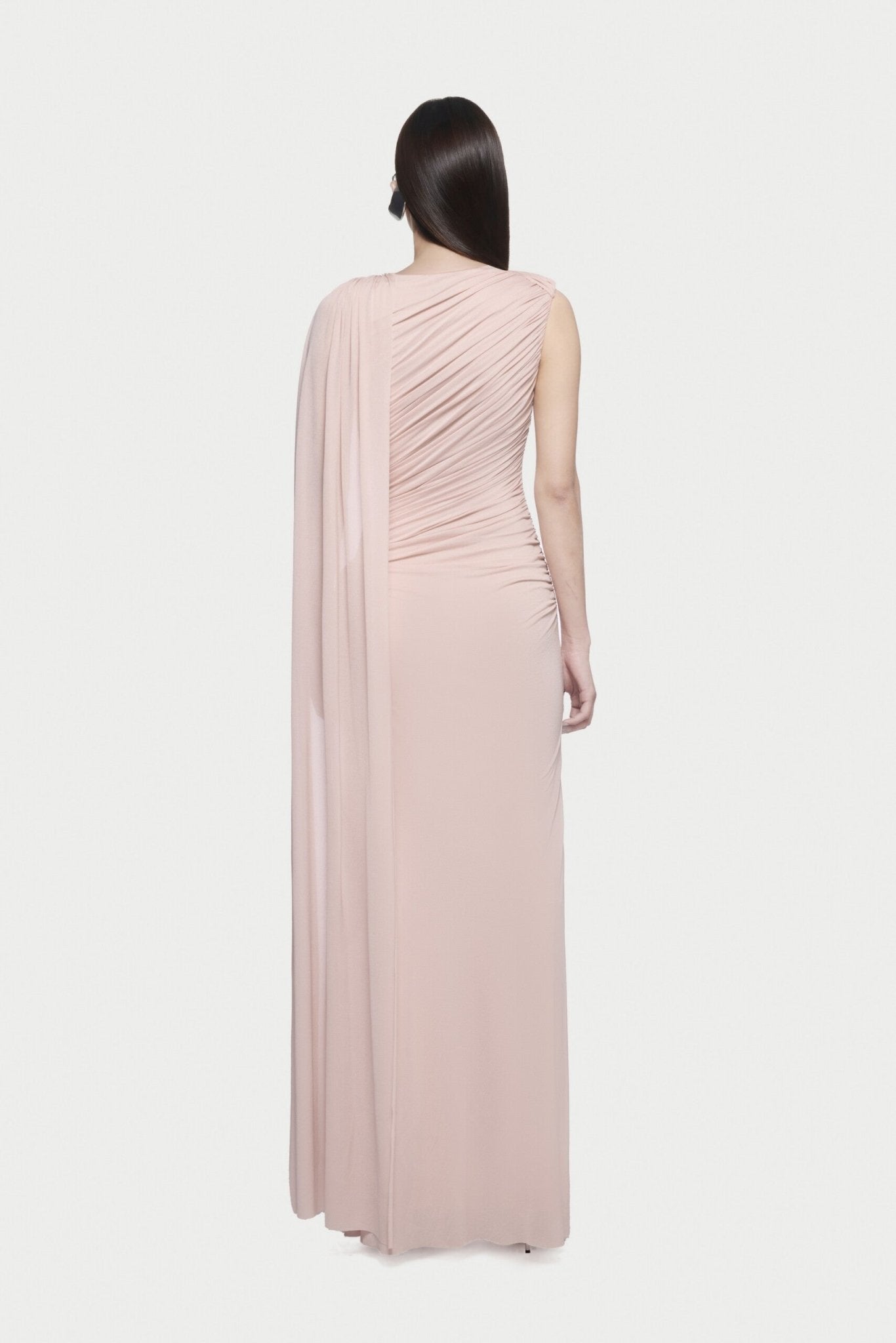 Sleeveless Asymmetric Single Cape Shoulder Diagonal Ruched Waist Metal Hardware Maxi Gown - MAYMOONLY