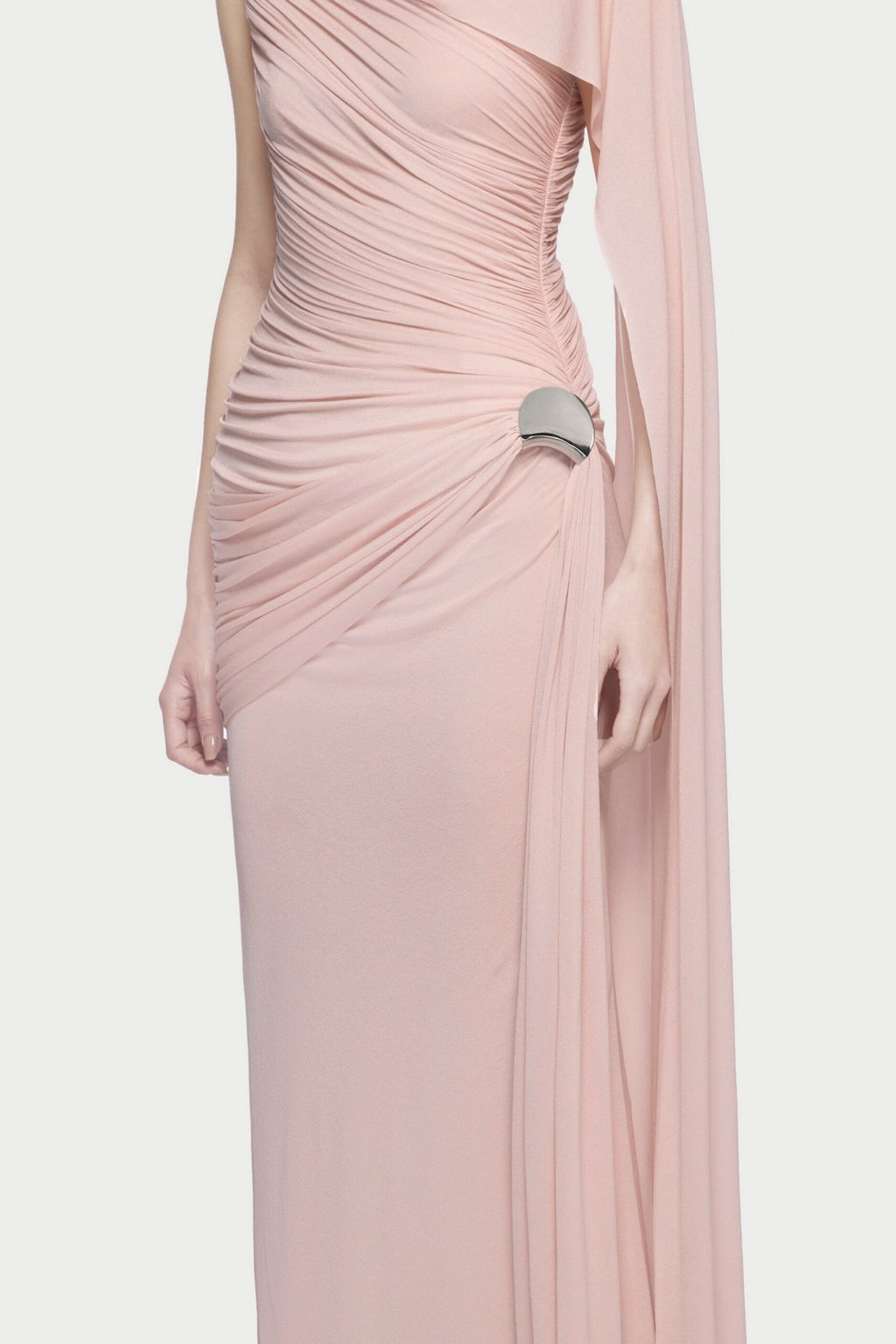 Sleeveless Asymmetric Single Cape Shoulder Diagonal Ruched Waist Metal Hardware Maxi Gown - MAYMOONLY
