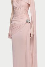 Sleeveless Asymmetric Single Cape Shoulder Diagonal Ruched Waist Metal Hardware Maxi Gown - MAYMOONLY
