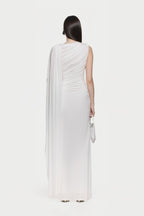 Sleeveless Asymmetric Single Cape Shoulder Diagonal Ruched Waist Metal Hardware Maxi Gown - MAYMOONLY