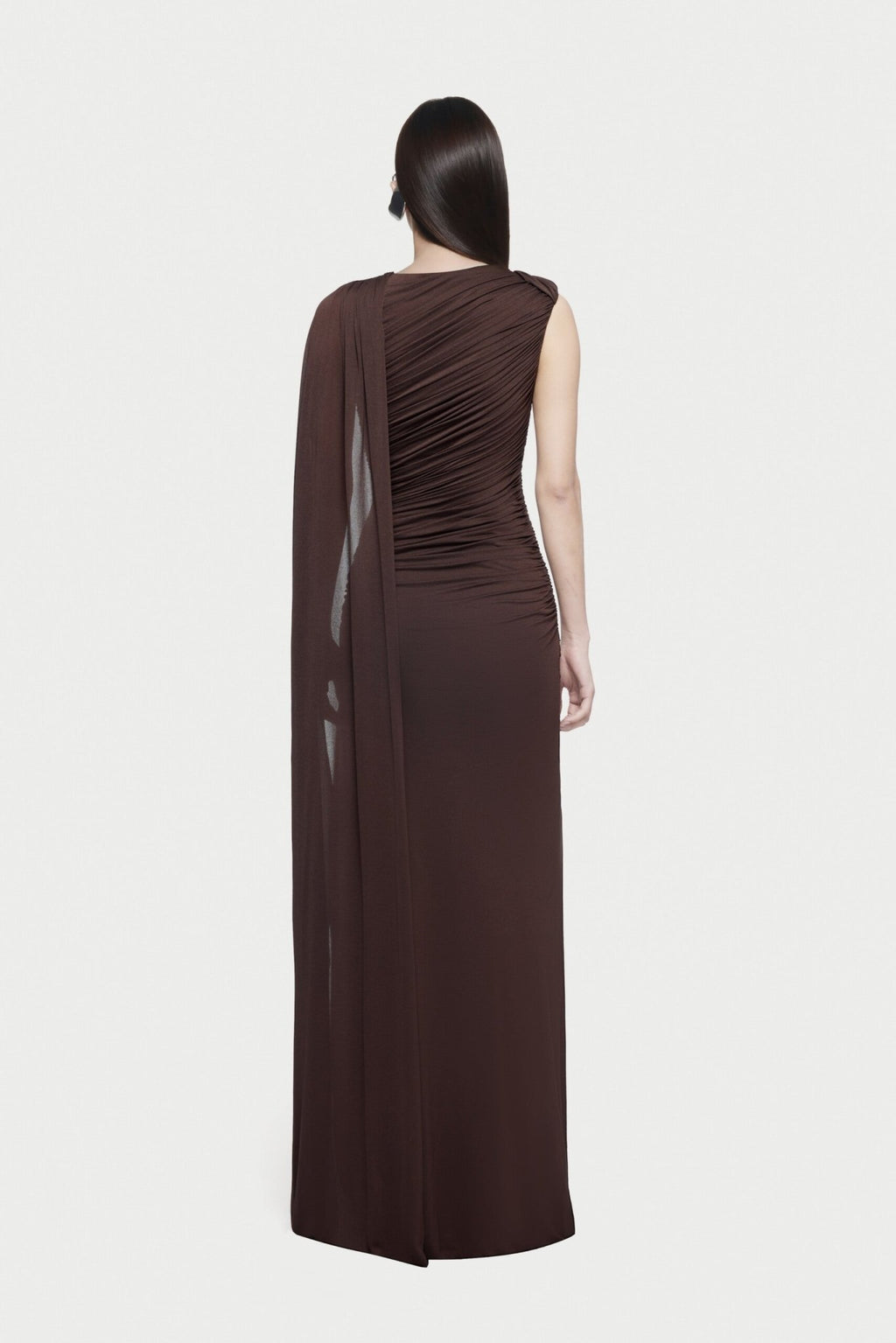 Sleeveless Asymmetric Single Cape Shoulder Diagonal Ruched Waist Metal Hardware Maxi Gown - MAYMOONLY