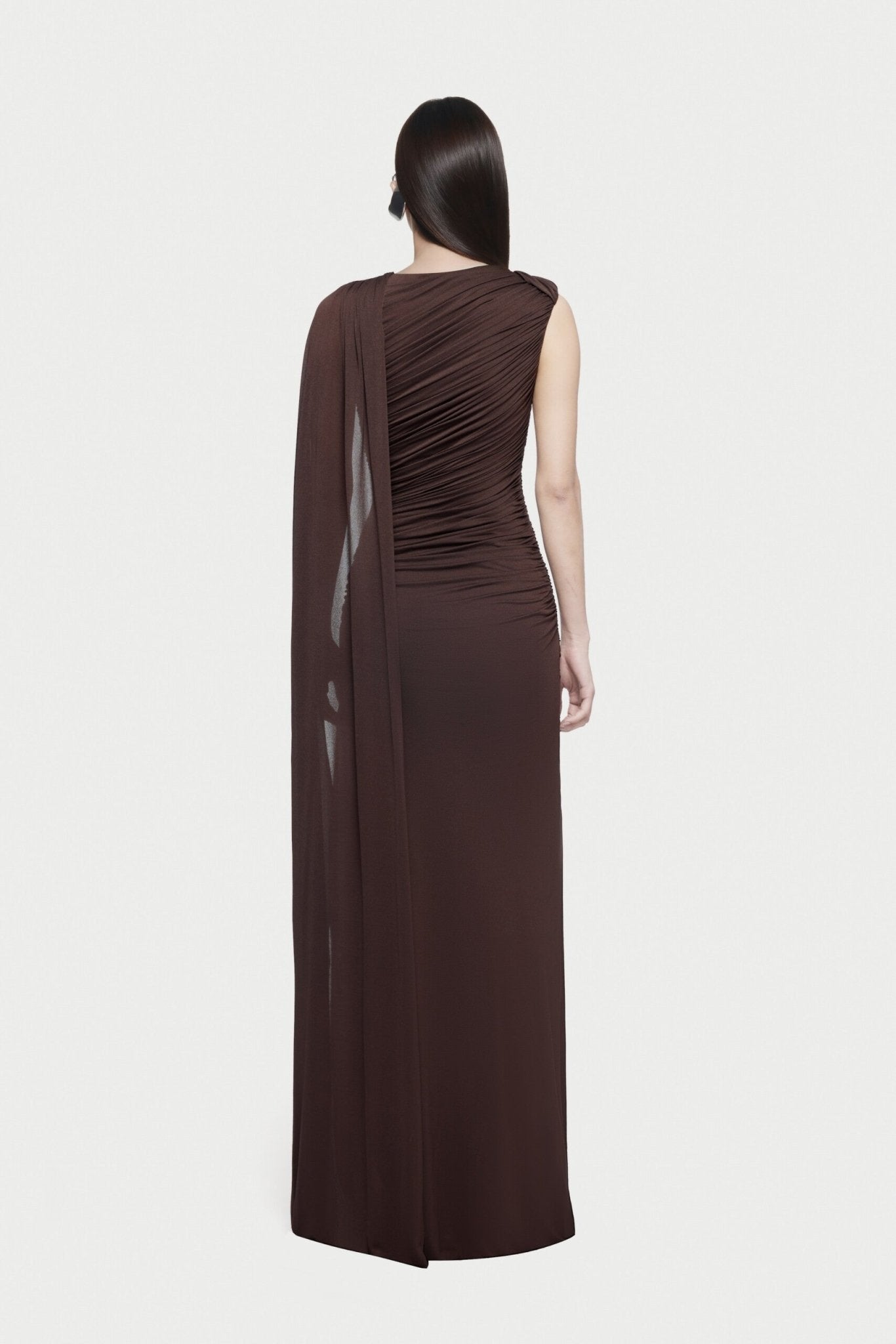 Sleeveless Asymmetric Single Cape Shoulder Diagonal Ruched Waist Metal Hardware Maxi Gown - MAYMOONLY