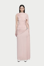 Sleeveless Asymmetric Single Cape Shoulder Diagonal Ruched Waist Metal Hardware Maxi Gown - MAYMOONLY