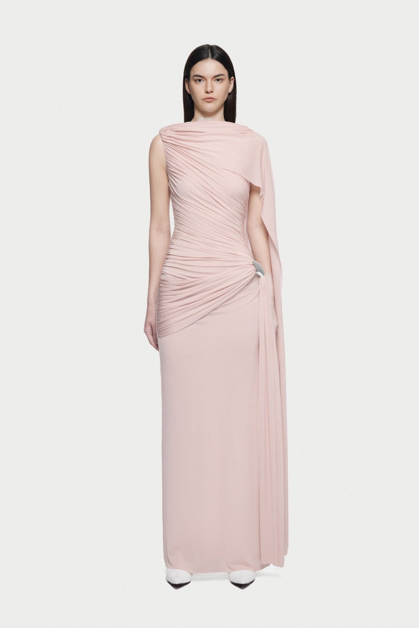 Sleeveless Asymmetric Single Cape Shoulder Diagonal Ruched Waist Metal Hardware Maxi Gown - MAYMOONLY