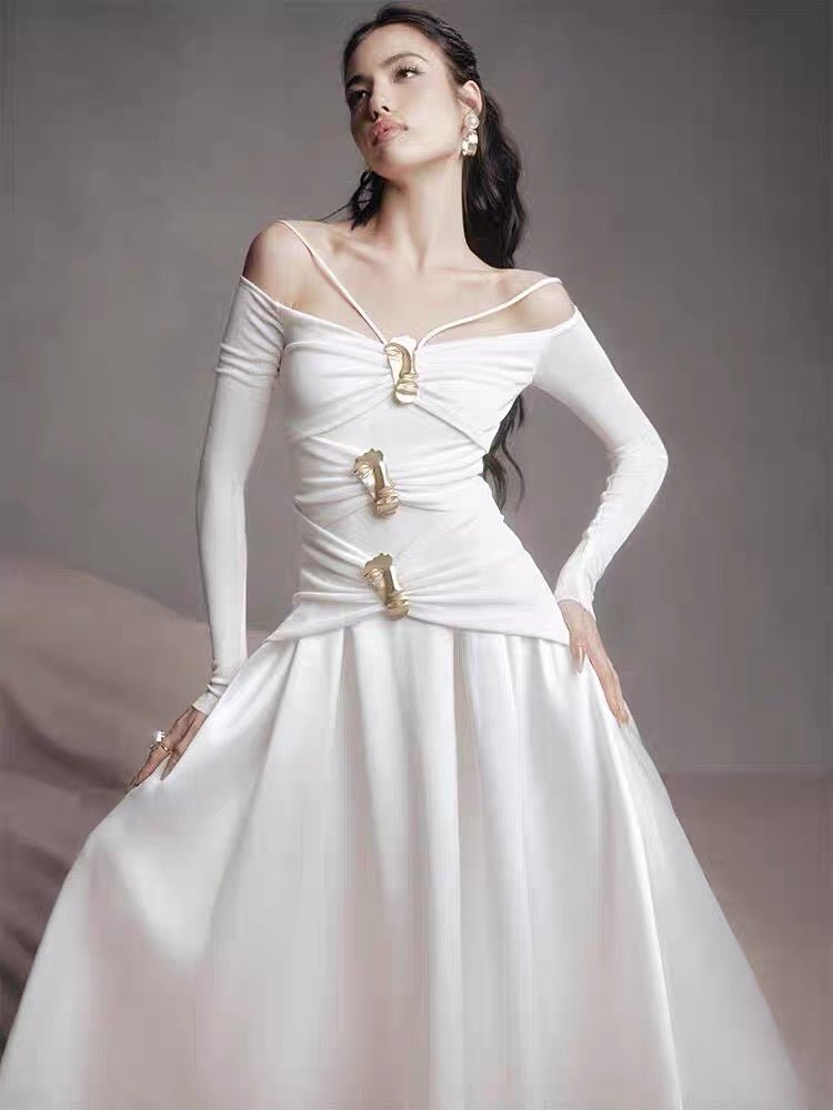 Spaghetti Strap Off Shoulder Long Sleeve Multi Gold Hardware Ruched Tiered Flared Maxi Gown - MAYMOONLY