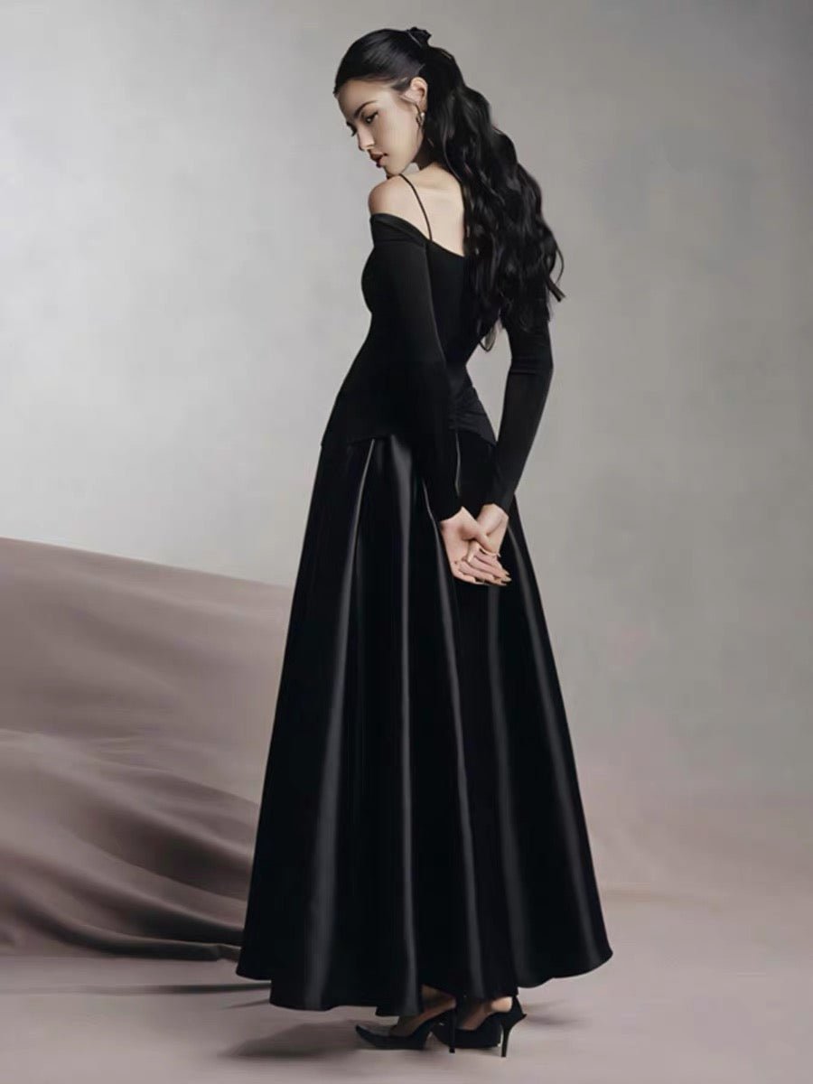 Spaghetti Strap Off Shoulder Long Sleeve Multi Gold Hardware Ruched Tiered Flared Maxi Gown - MAYMOONLY
