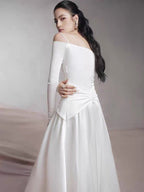 Spaghetti Strap Off Shoulder Long Sleeve Multi Gold Hardware Ruched Tiered Flared Maxi Gown - MAYMOONLY