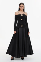 Spaghetti Strap Off Shoulder Long Sleeve Multi Gold Hardware Ruched Tiered Flared Maxi Gown - MAYMOONLY