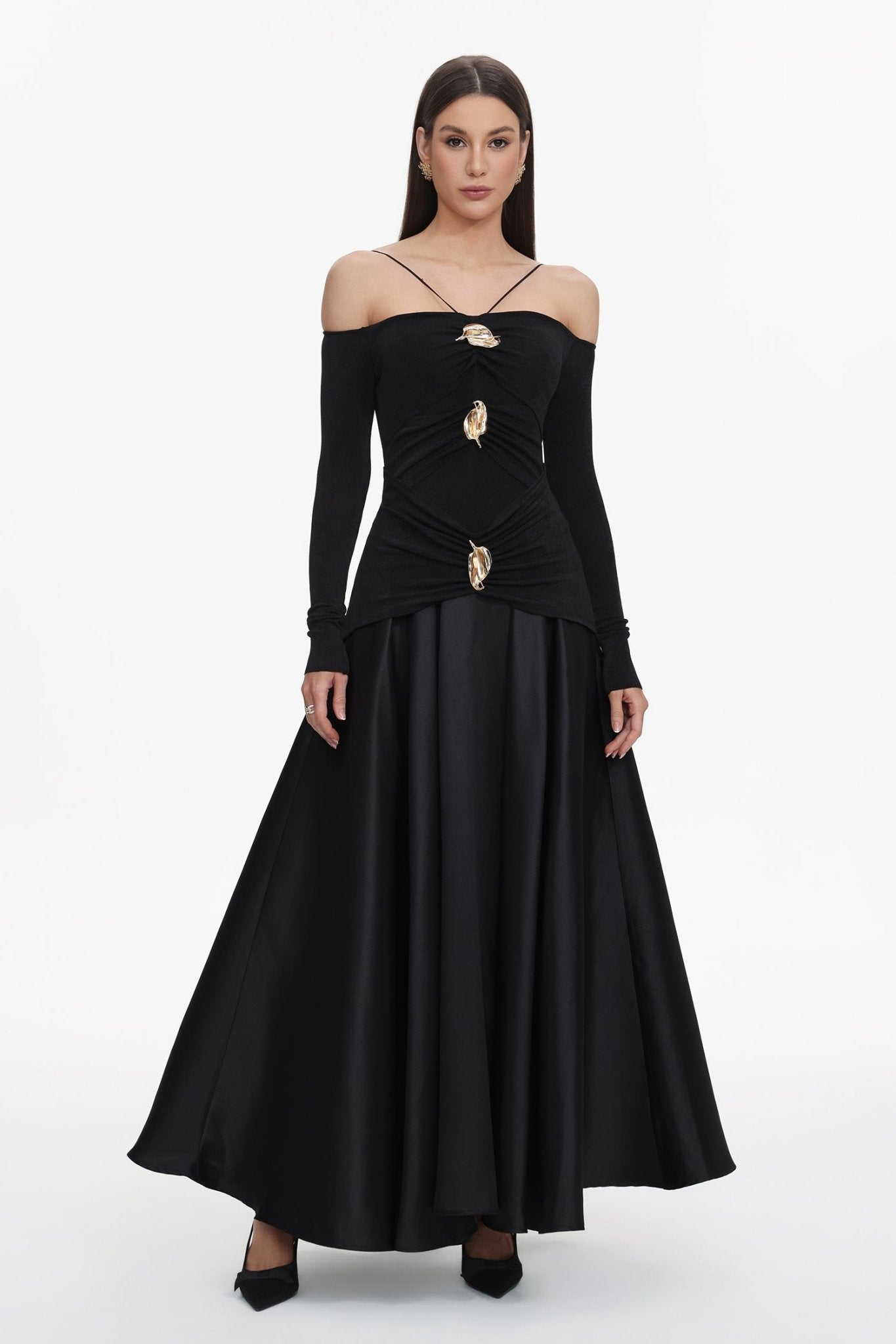 Spaghetti Strap Off Shoulder Long Sleeve Multi Gold Hardware Ruched Tiered Flared Maxi Gown - MAYMOONLY