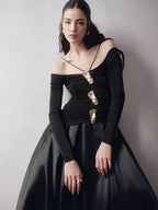 Spaghetti Strap Off Shoulder Long Sleeve Multi Gold Hardware Ruched Tiered Flared Maxi Gown - MAYMOONLY