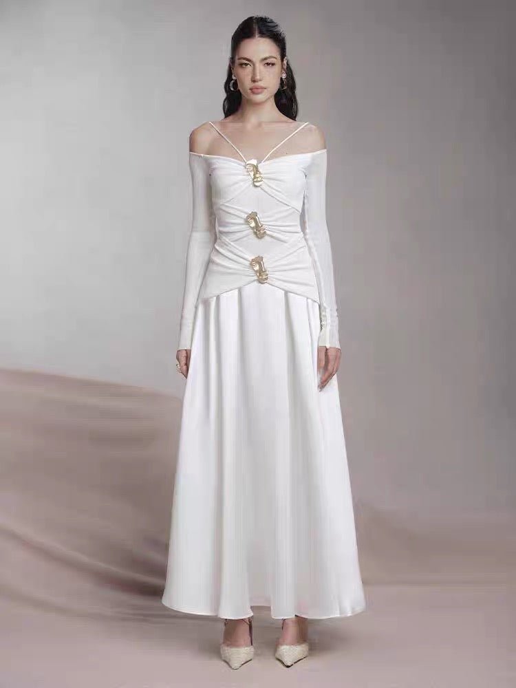 Spaghetti Strap Off Shoulder Long Sleeve Multi Gold Hardware Ruched Tiered Flared Maxi Gown - MAYMOONLY