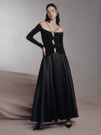 Spaghetti Strap Off Shoulder Long Sleeve Multi Gold Hardware Ruched Tiered Flared Maxi Gown - MAYMOONLY