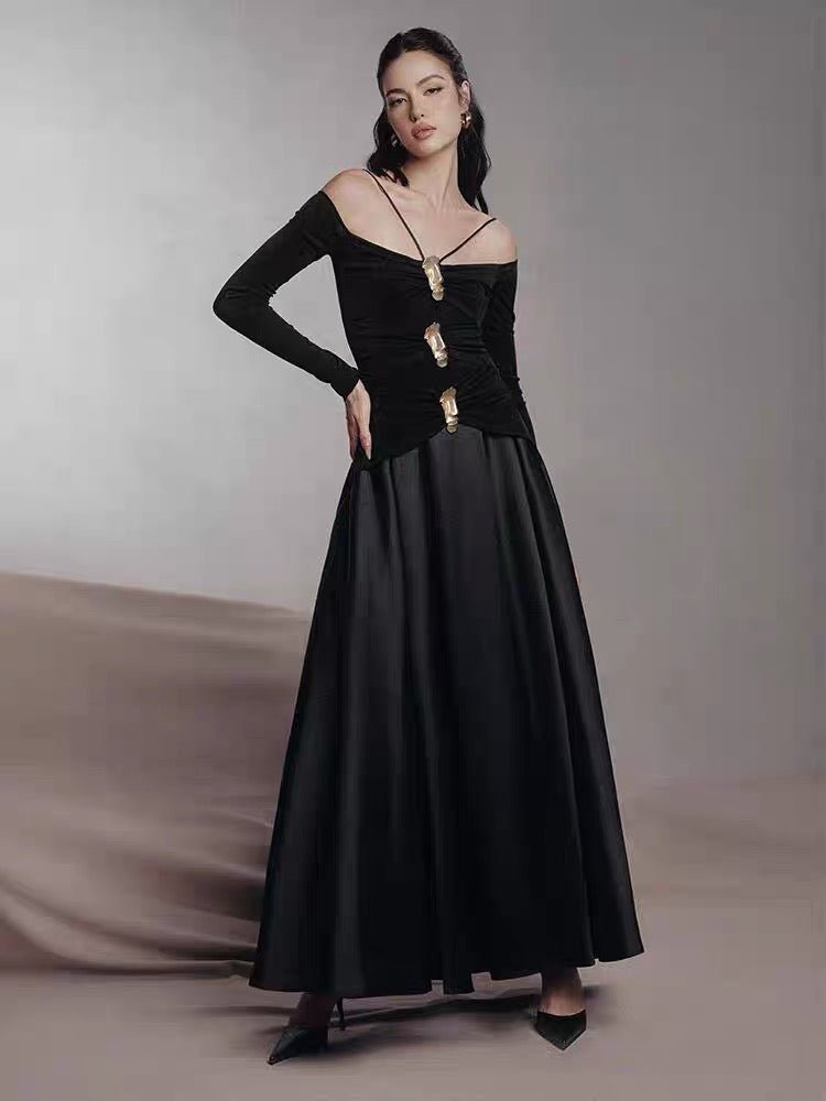 Spaghetti Strap Off Shoulder Long Sleeve Multi Gold Hardware Ruched Tiered Flared Maxi Gown - MAYMOONLY