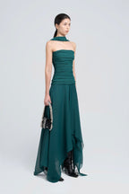 Strapless Ruched Tube Top Matching Detachable Scarf Neck Wrap Asymmetric Flowy Maxi Skirt Two Piece Set - MAYMOONLY