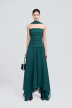 Strapless Ruched Tube Top Matching Detachable Scarf Neck Wrap Asymmetric Flowy Maxi Skirt Two Piece Set - MAYMOONLY