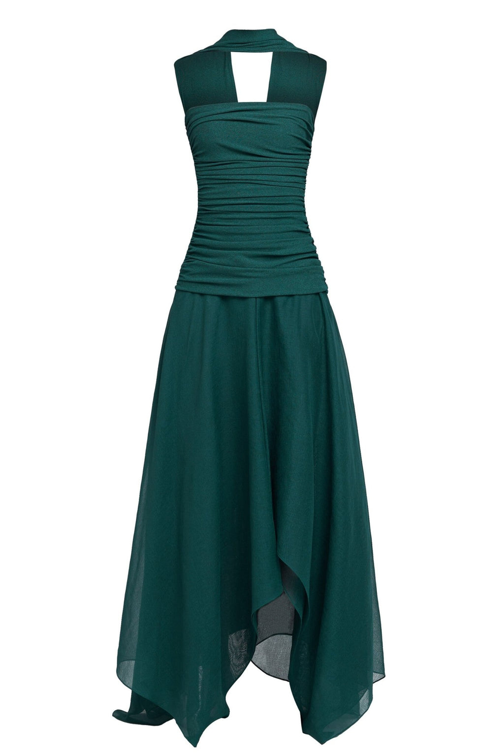 Strapless Ruched Tube Top Matching Detachable Scarf Neck Wrap Asymmetric Flowy Maxi Skirt Two Piece Set - MAYMOONLY