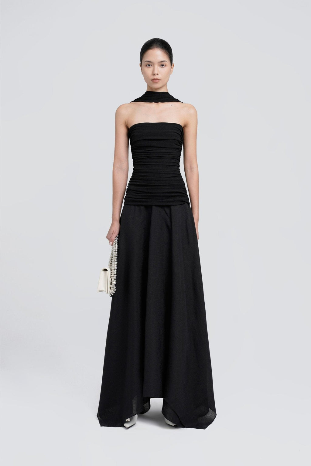 Strapless Ruched Tube Top Matching Detachable Scarf Neck Wrap Asymmetric Flowy Maxi Skirt Two Piece Set - MAYMOONLY