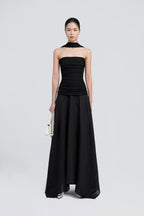Strapless Ruched Tube Top Matching Detachable Scarf Neck Wrap Asymmetric Flowy Maxi Skirt Two Piece Set - MAYMOONLY
