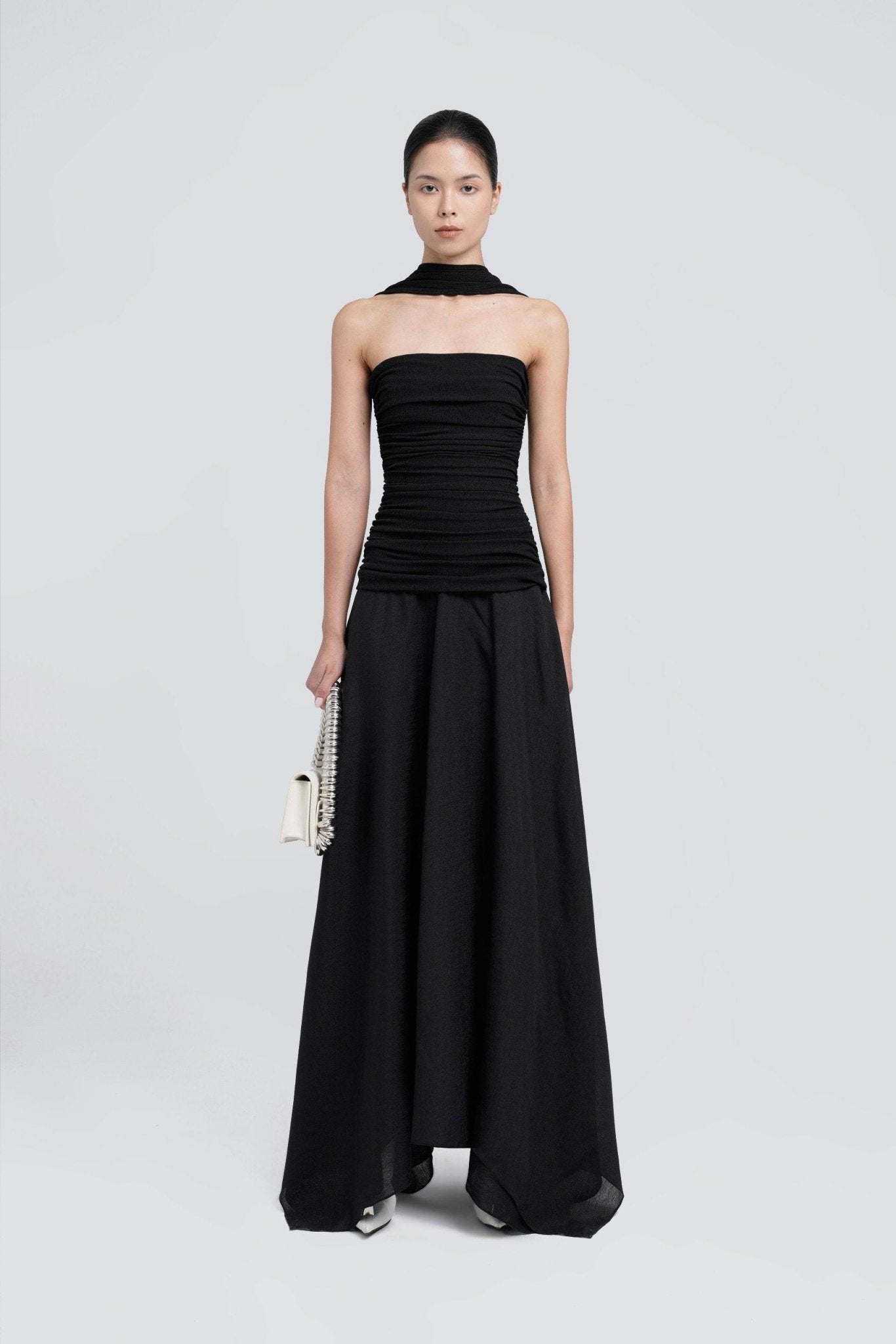 Strapless Ruched Tube Top Matching Detachable Scarf Neck Wrap Asymmetric Flowy Maxi Skirt Two Piece Set - MAYMOONLY