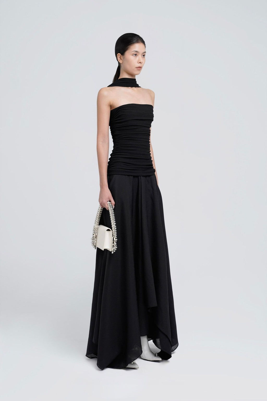 Strapless Ruched Tube Top Matching Detachable Scarf Neck Wrap Asymmetric Flowy Maxi Skirt Two Piece Set - MAYMOONLY
