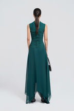 Strapless Ruched Tube Top Matching Detachable Scarf Neck Wrap Asymmetric Flowy Maxi Skirt Two Piece Set - MAYMOONLY