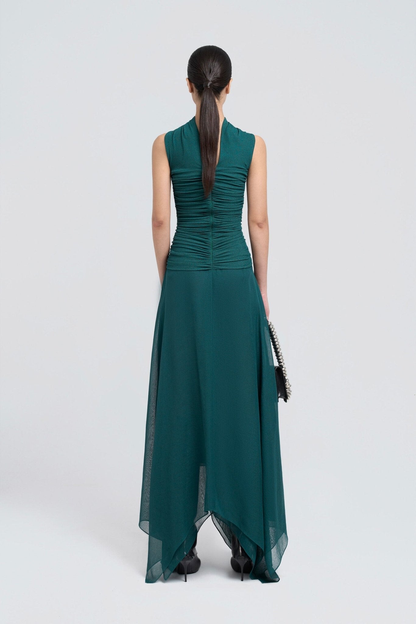 Strapless Ruched Tube Top Matching Detachable Scarf Neck Wrap Asymmetric Flowy Maxi Skirt Two Piece Set - MAYMOONLY