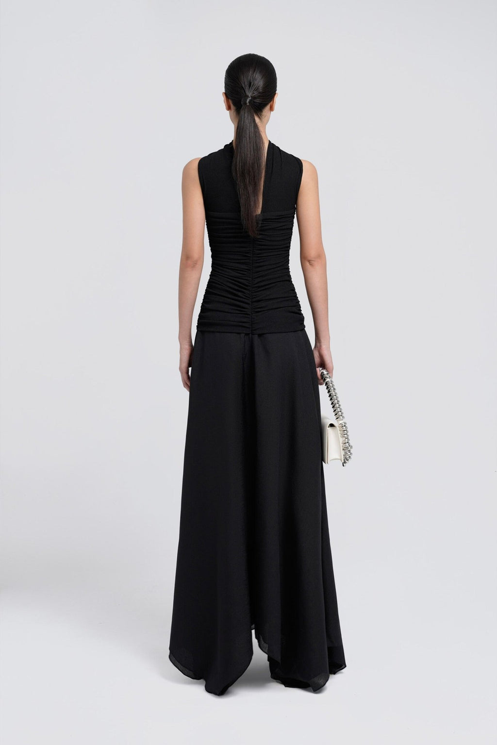 Strapless Ruched Tube Top Matching Detachable Scarf Neck Wrap Asymmetric Flowy Maxi Skirt Two Piece Set - MAYMOONLY