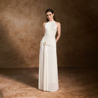 Textured Front Ruched Bodice Metal Brooch Accent Wrap Skirt Evening Maxi Gown - MAYMOONLY