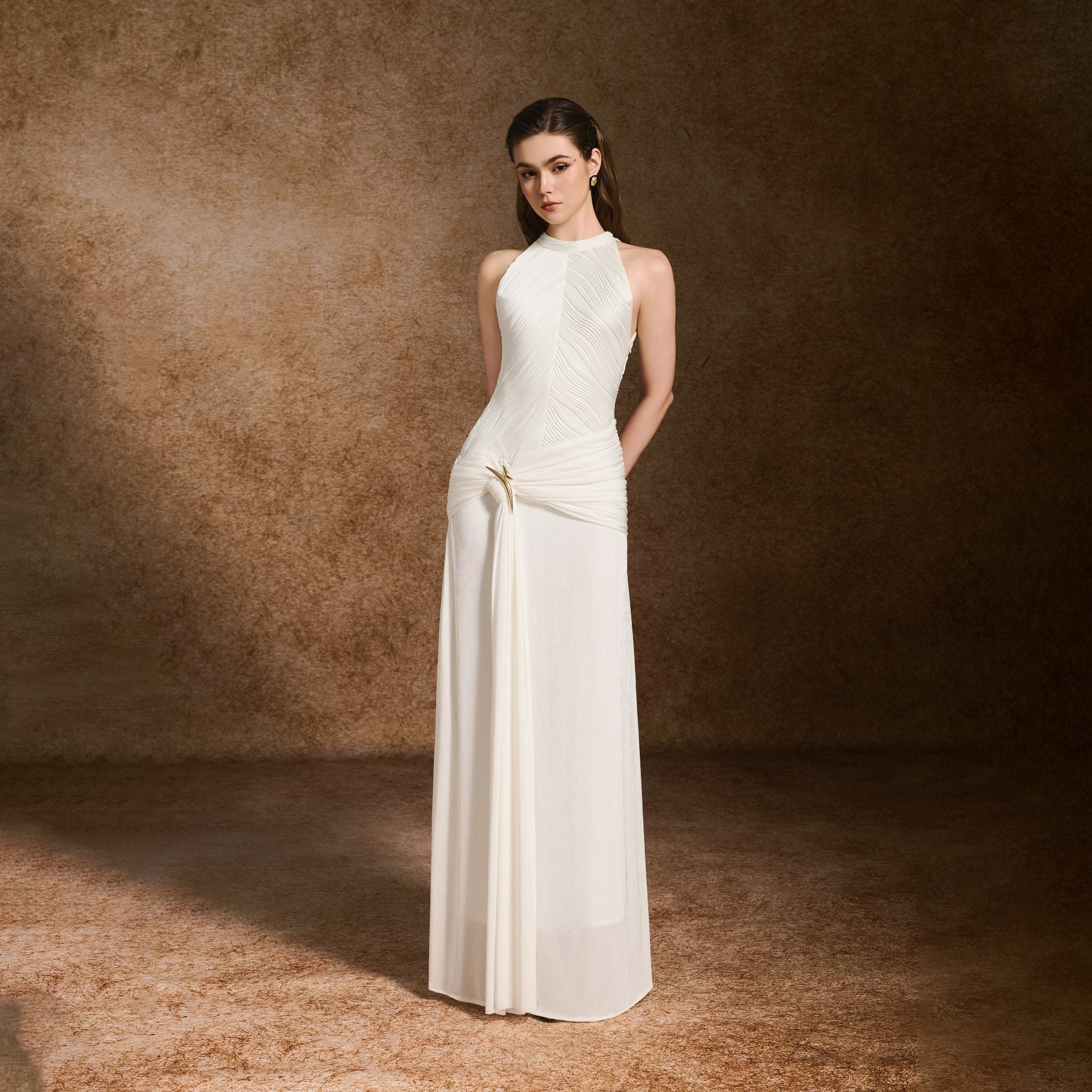 Textured Front Ruched Bodice Metal Brooch Accent Wrap Skirt Evening Maxi Gown - MAYMOONLY