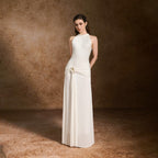 Textured Front Ruched Bodice Metal Brooch Accent Wrap Skirt Evening Maxi Gown - MAYMOONLY