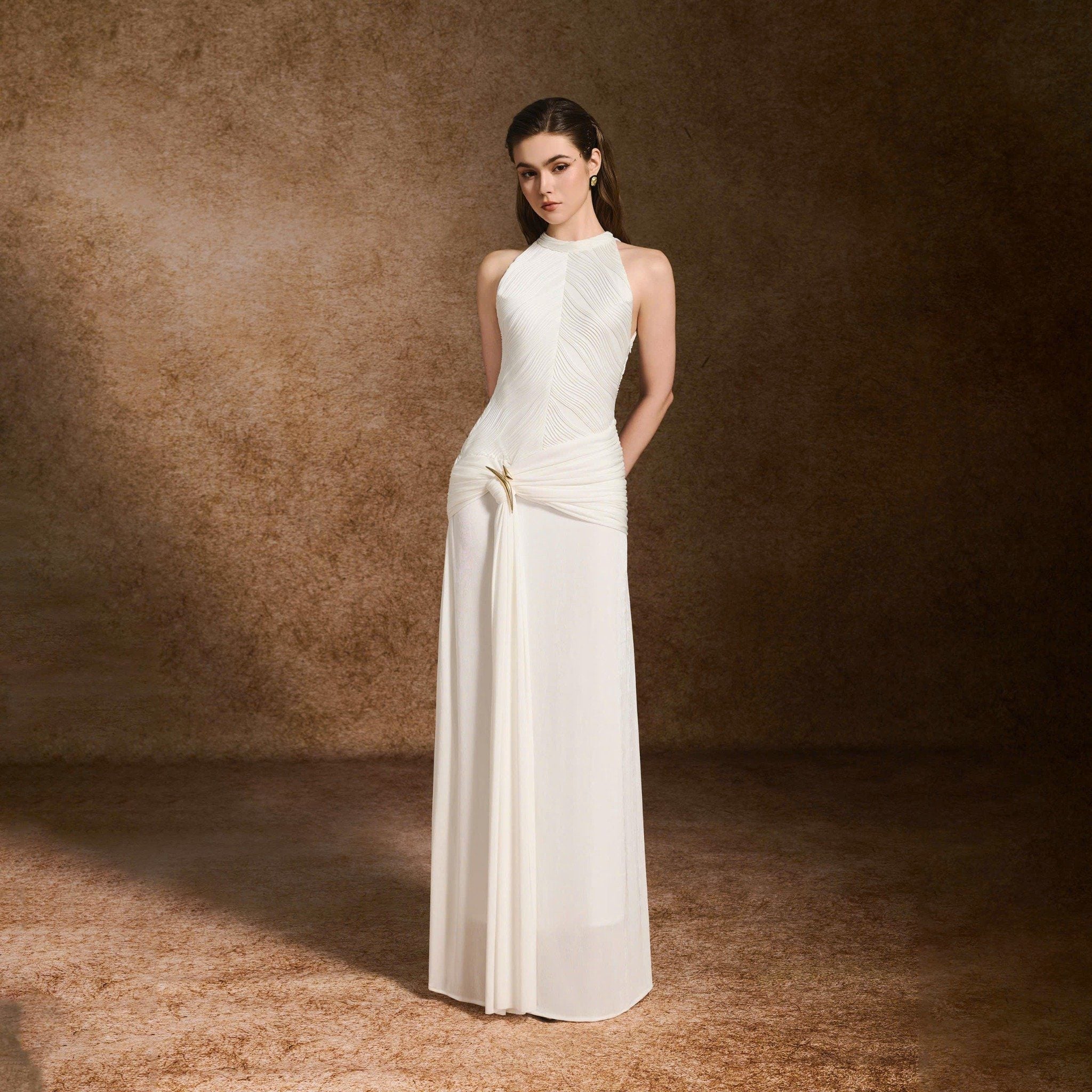 Textured Front Ruched Bodice Metal Brooch Accent Wrap Skirt Evening Maxi Gown - MAYMOONLY
