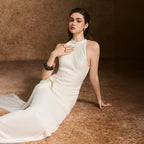 Textured Front Ruched Bodice Metal Brooch Accent Wrap Skirt Evening Maxi Gown - MAYMOONLY