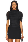 Asymmetric Wrap Stretch Mesh Short Sleeve Blouse