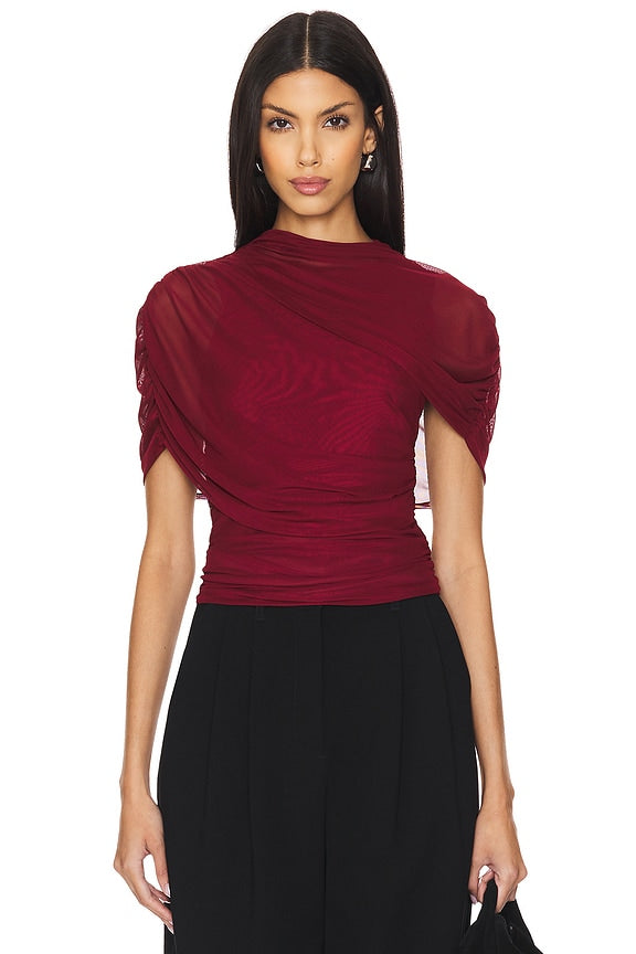 Asymmetric Wrap Stretch Mesh Short Sleeve Blouse