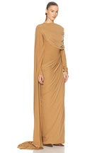 Fluid Asymmetric Draped Waist Long Sleeve Floor Length Dress